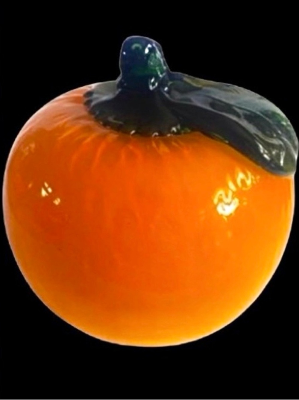 Hand Blown Glossy Ceramic Orange W/ Green Leaf Paperweight Art Glass Home Decor